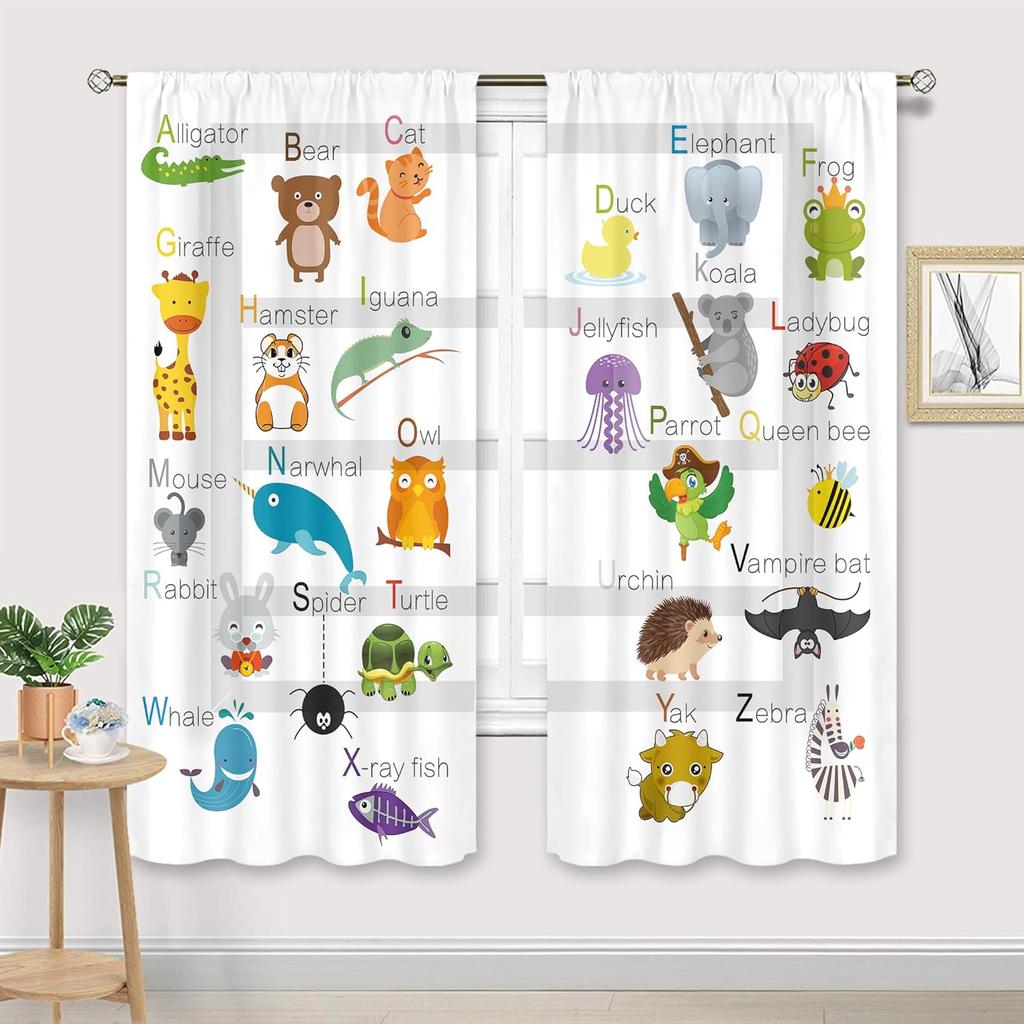 Abc Alphabet Kids Curtains Sheer Pocket Cartoon Animal Baby Boys Bedroom Decor Child Nursery Funny Learning Educational Fabric