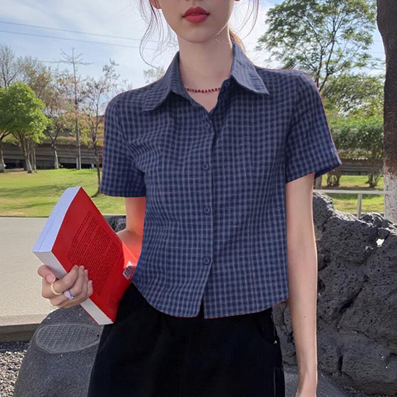 ZANZEA Women Casual Turn Down Collar Short Sleeve Grid Print Blouse