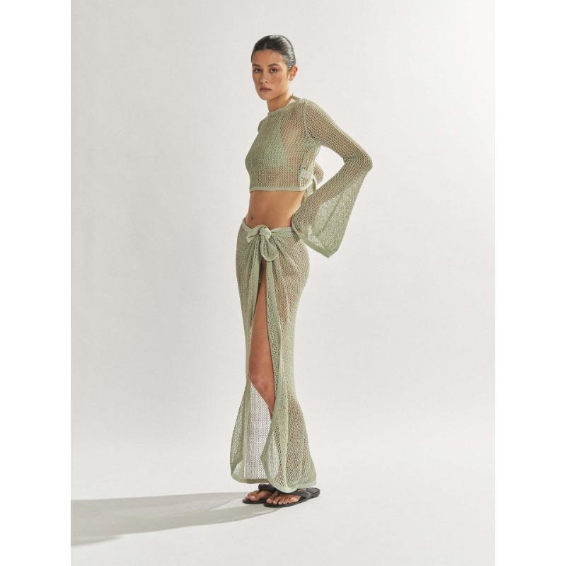 Damen Sexy Anzug Sommer Neu Durchsichtig Kurz Rückenfrei Langärmeliges Oberteil Hoch Offener Schlitz Halbkörper Langer Rock Strickware