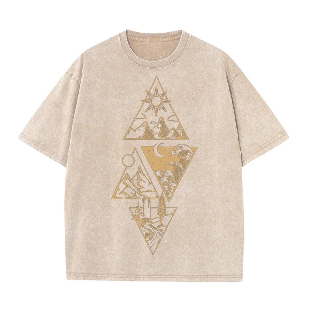 2026 Vintage Washed Black Triangle Mountain Wave Sun Moon Graphic T Shirt Nature Wilderness Line Print Oversized Casual Short Sl