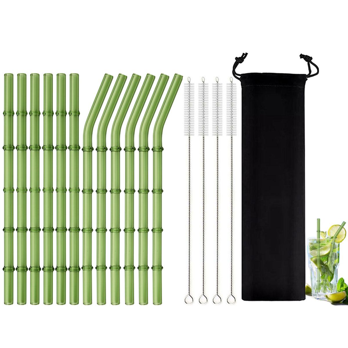 

12-piece Bamboo-Joint-Shaped Glass Straws Set with 4 Clean Brush and 1 Carrying Bag Reusable Glass Drinking Straws for Smoothies Cocktails 6-piece straight and 6-piece bent straws set зелений