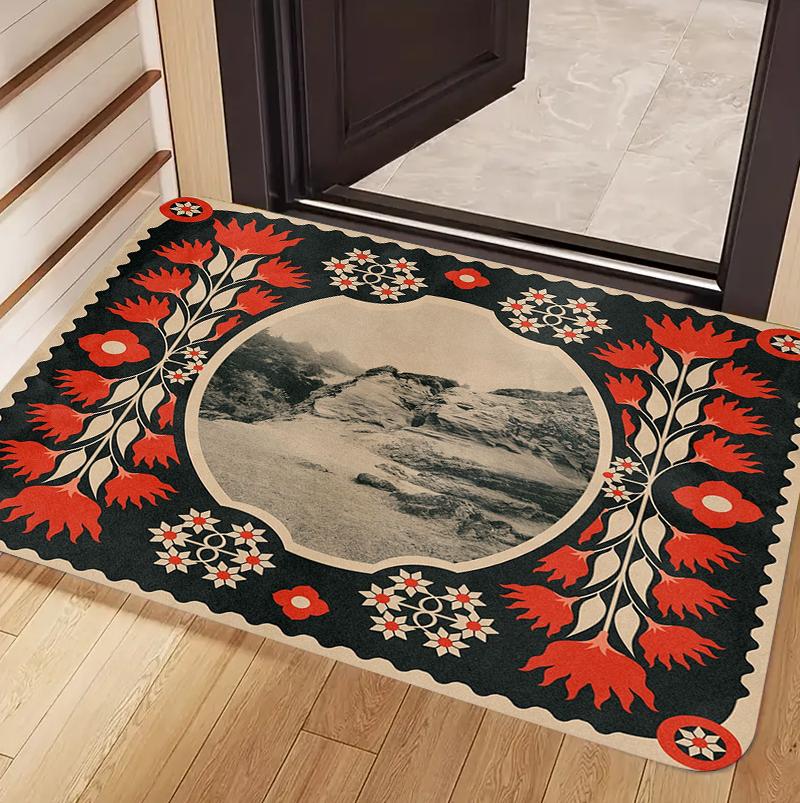 

Modern Simple Retro Scenic Floral Border Doormat Non-Slip Wear-Resistant Soft Sound-Absorbent Dustproof for Entrance Door 40x60cm