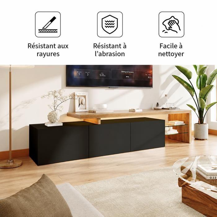 Meuble TV avec LED, 200x39x42 cm, Design Moderne en Bois, 2 Portes, Rangement Ouvert, Idéal pour Salon, Noir et Bois