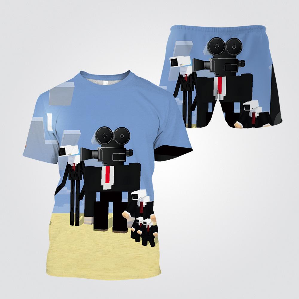Summer Round Neck 3D Cartoon Toilet Person Vs. Monitoring Person Printed Set Fashionable and Casual Short Sleeved Shorts Children's Boy Clothing Sets