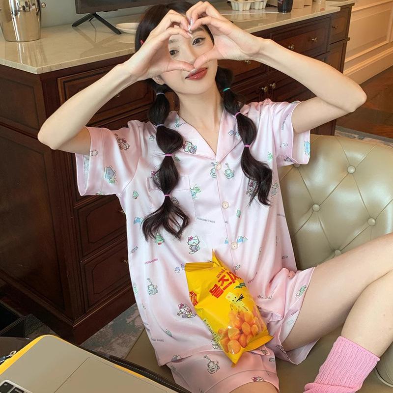 

Пижама Hellokitty Женская Летняя Ледяной Шелк С Коротким Рукавом Милый Мультяшный Домашний Комплект 2XL