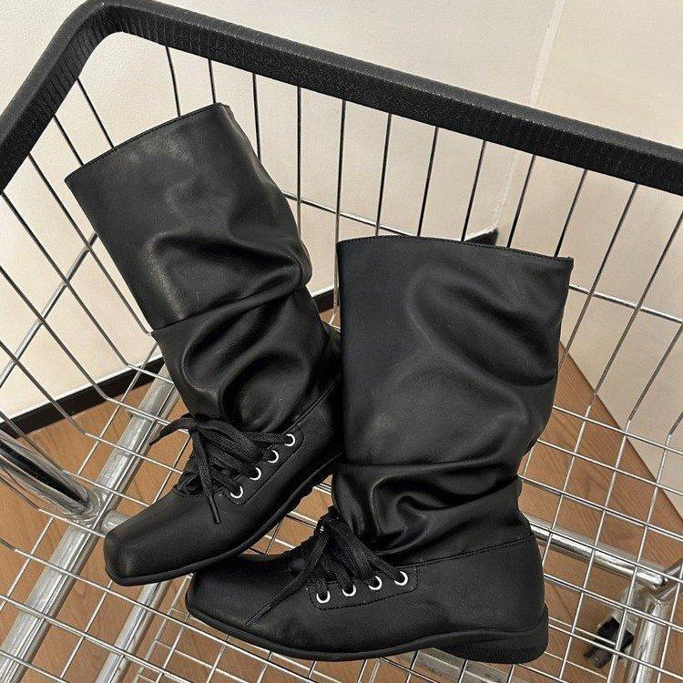 Pleated mid-tube stacking boots thick-soled boots women's autumn and winter boots tall western knight boots