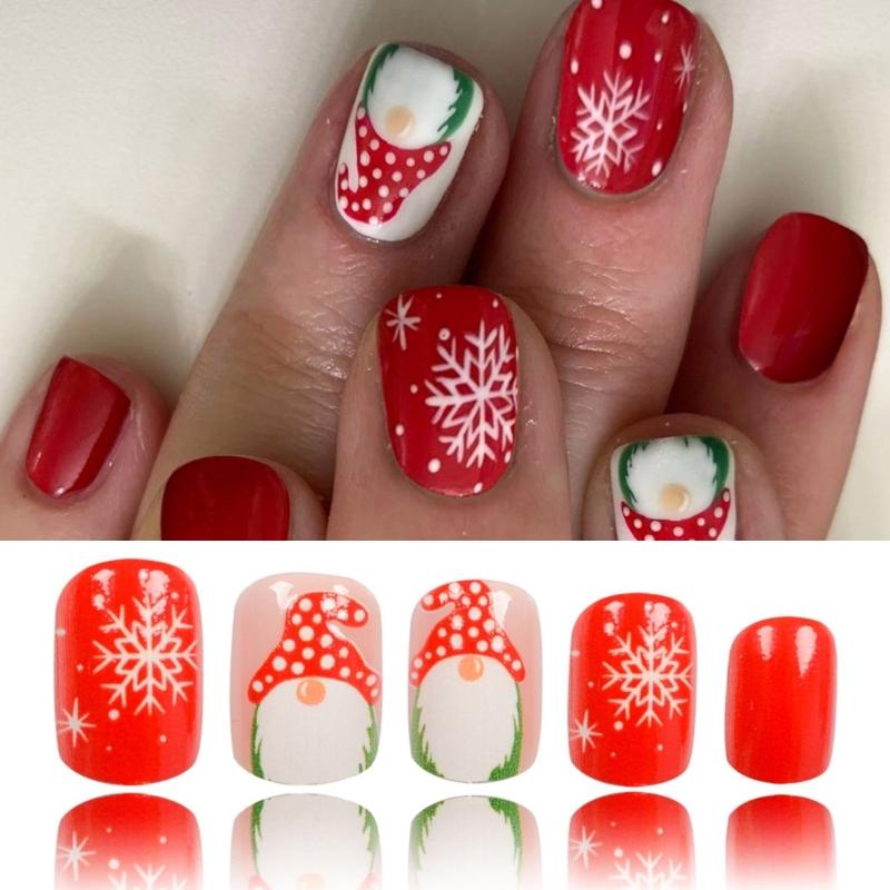 White Snowflake Press On Nails Short Square Artificial Nails Santa Claus Full Cover Stick on Nails Christmas False Nails