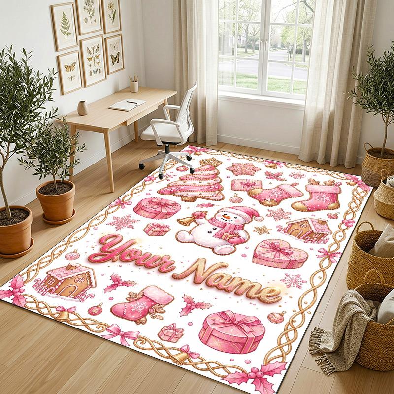 Christmas Theme Crystal Velvet Rug Personalized Custom Name Text Soft Floor Mat Home Decor