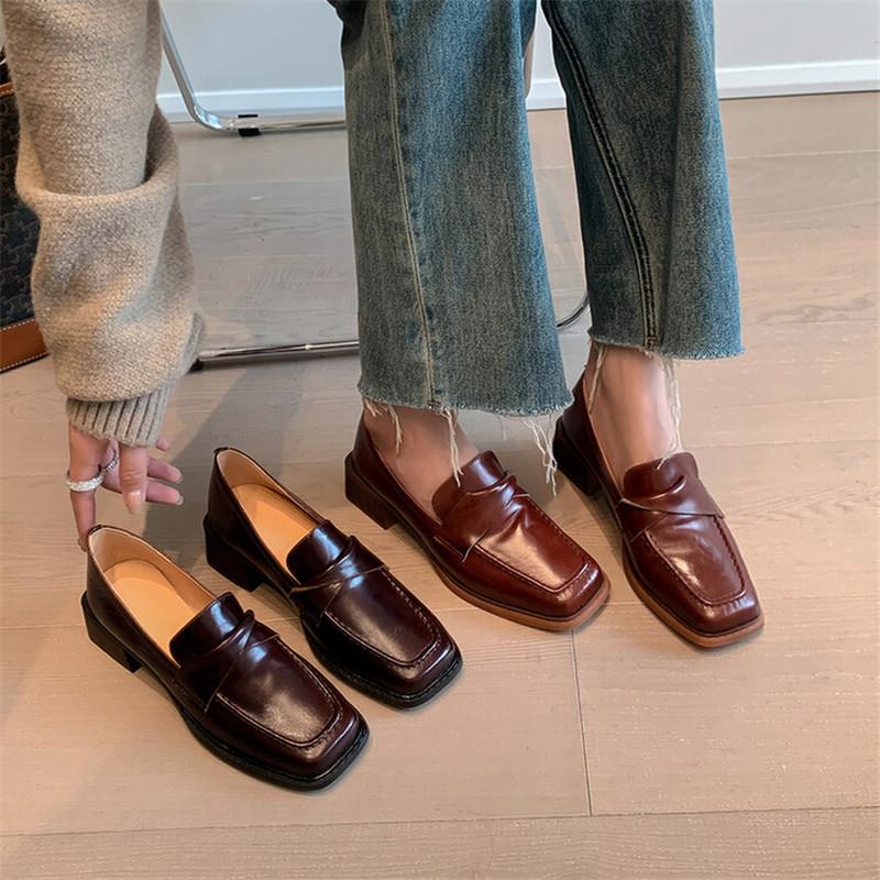 Fashion 2025 New Autumn Genuine Leather Loafers Square Toe Chunky Heels Winter Women Pumps Shoes for Women Zaptos De Mujer Brown Shoes