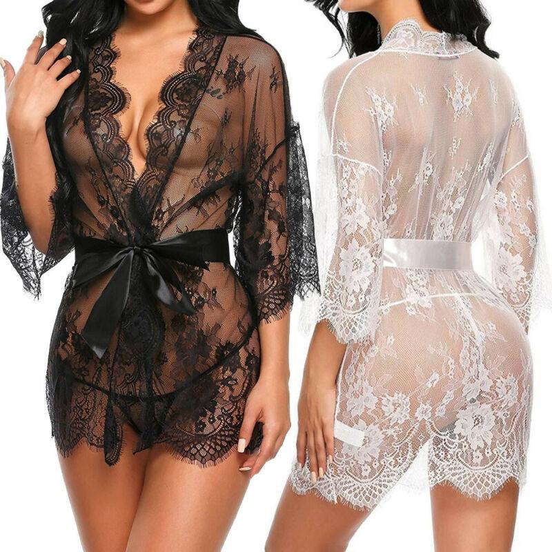 Erotic Sex Clothes Sexy Woman Hollow Nightgown Lace Ruffled Robe Babydoll Nightwear Woman Open Crotch Chemise Sleepwear