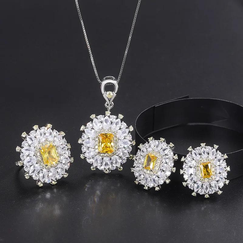 

Vintage Yellow Water Droplets Flower Crystal Women Earring Necklace Adjustable Ring Jewelry Bridesmaid Party Anniversary Gift One size