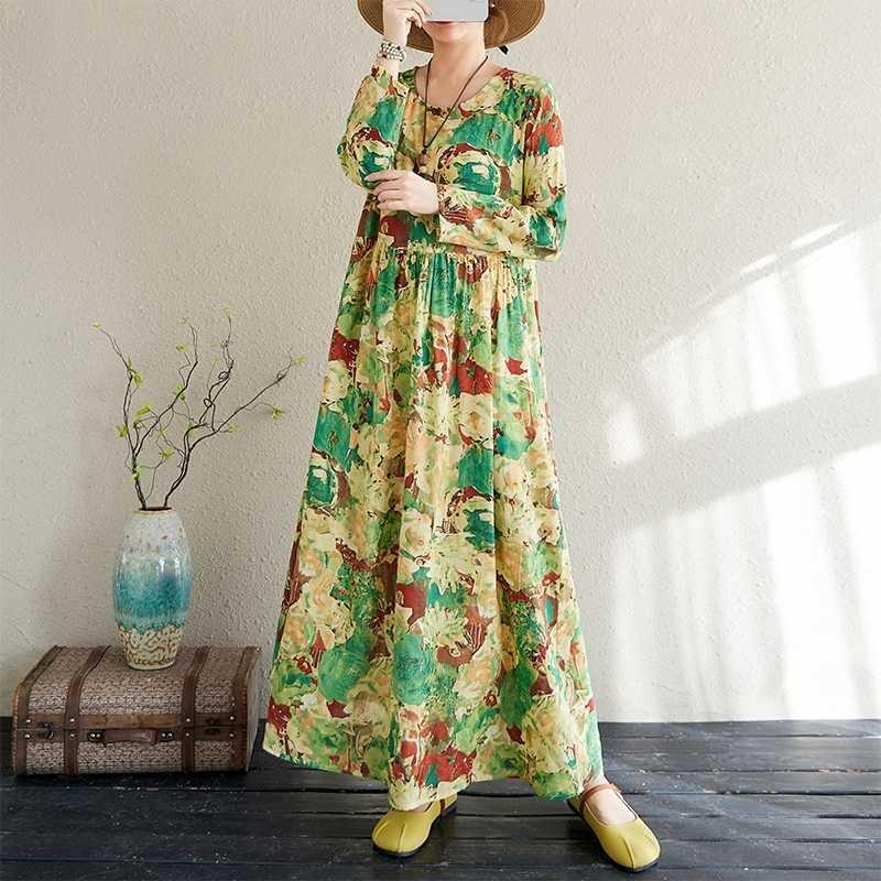 

Large Size Summer Vintage Floral Loose Dress Flowing A-line Dress Women L