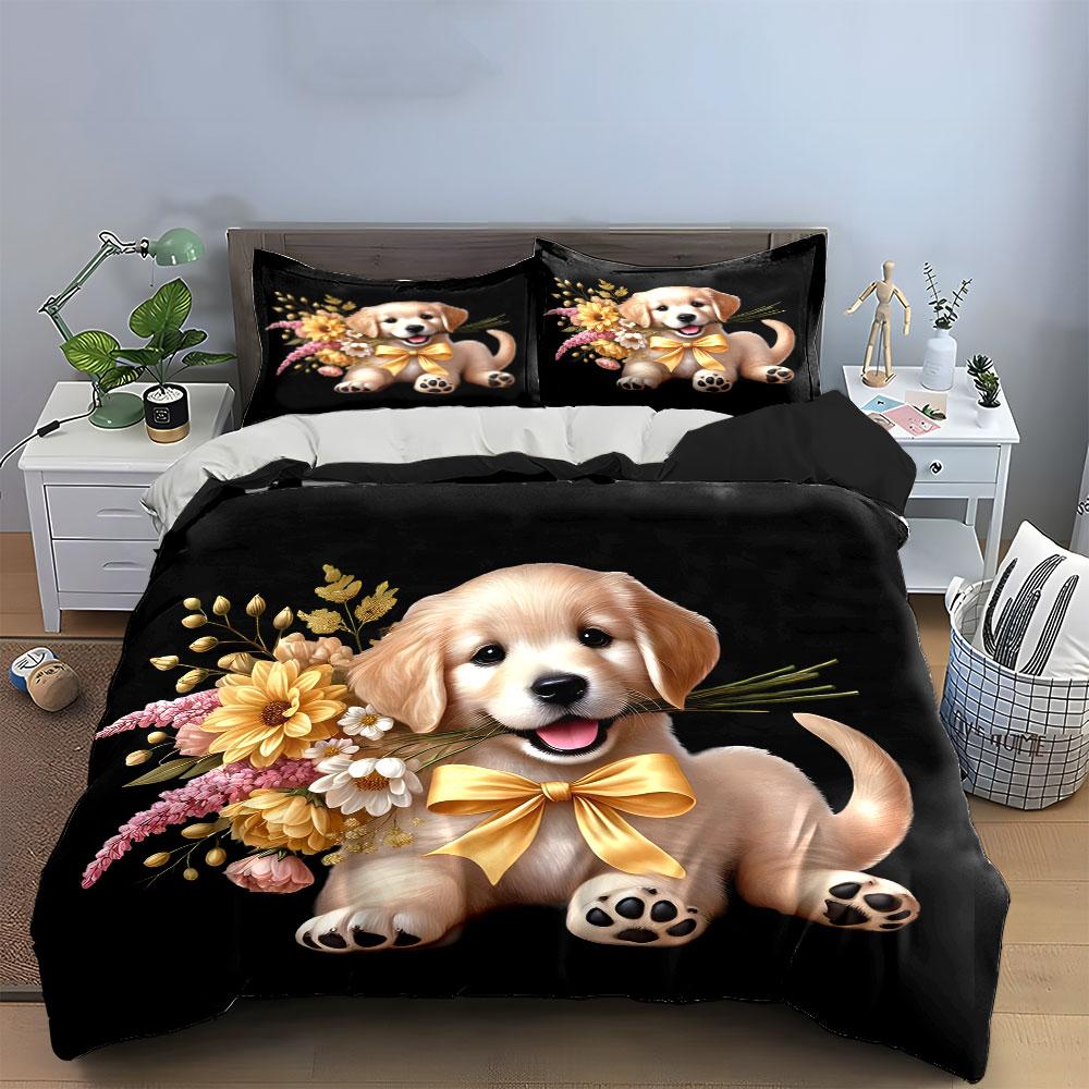 "Adorable Puppy Floral Gift Set" Exquisite Three-piece Bedding Set Gift for Kids and Adults