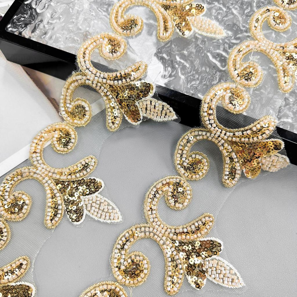 8.5Cm Heavy Industry Gold Bead Sequins Barcode Mesh Decorative Clothing Dress Dress Accessories Lace Accessories