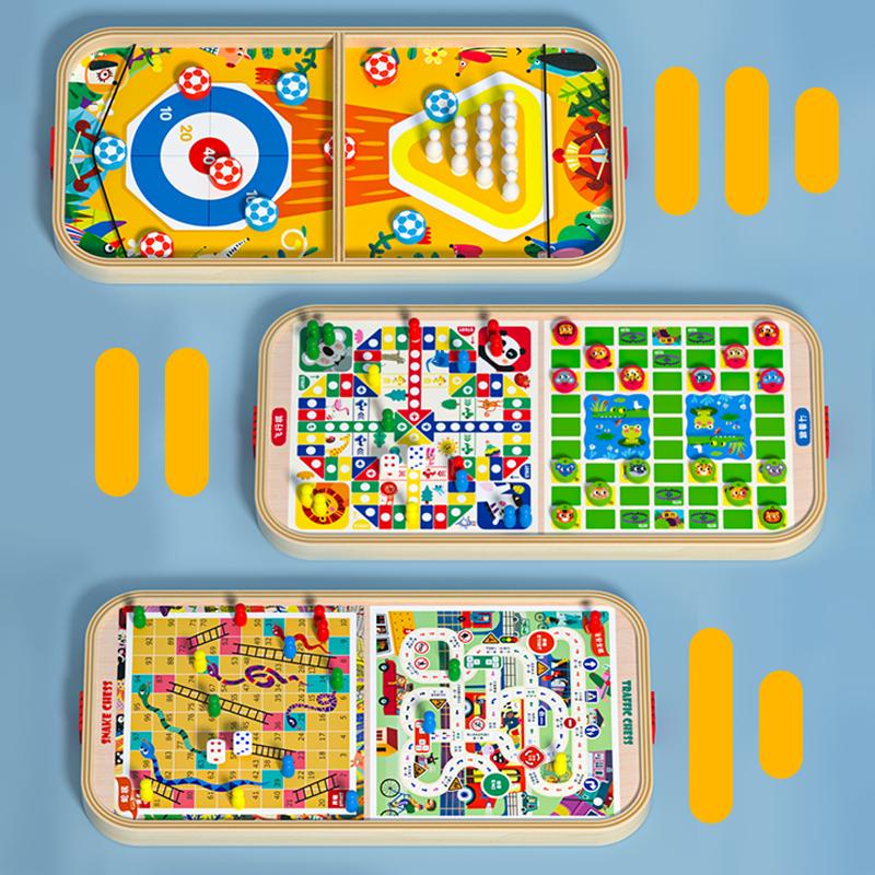 Wooden Innovation Multi In One Game Chess Bounce Chess Bowling Ice Hockey Flying Chess Family Activities Party Games Kids Adults