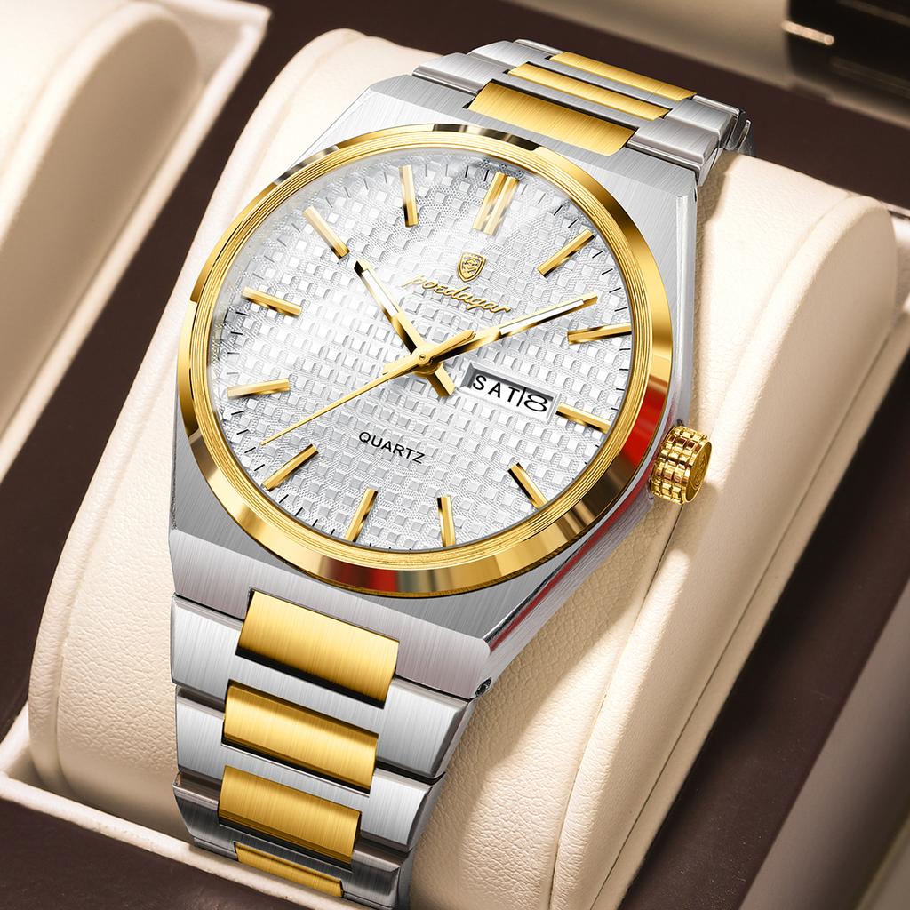 POEDAGAR Luxe Herenhorloge Datum Week Waterdicht Lichtgevend Roestvrij Staal Horloge voor Man Casual Kwarts Horloges Mannelijk Sport+Doos
