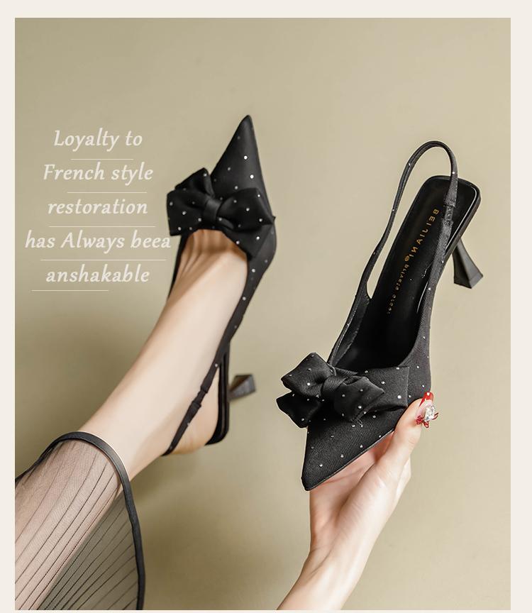 Fashion Heel Shoes Rear Trip Black Pointed Shoes Sandals Women's Summer Thin Heel Adult Ceremony Bow Pumps Women Shoes