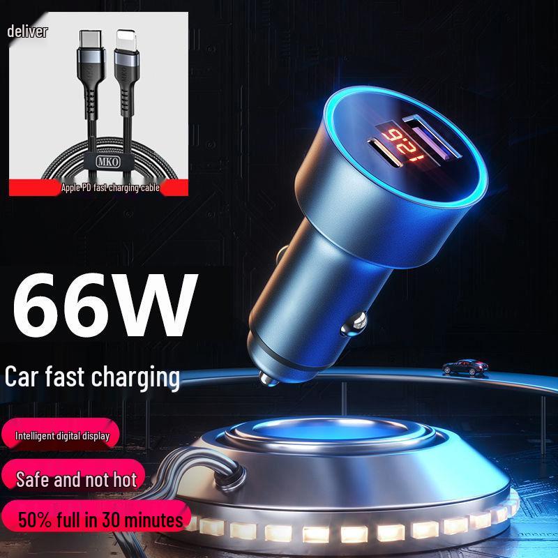 MKO 120W Metal Car Charger for Apple & Android with PD USB Pass-through and Cigarette Lighter Converter.