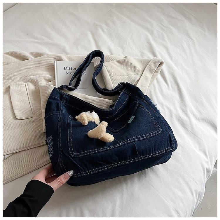 Adorable Korean Style Cartoon Denim Shoulder Bag For Students Casual Look In Blue