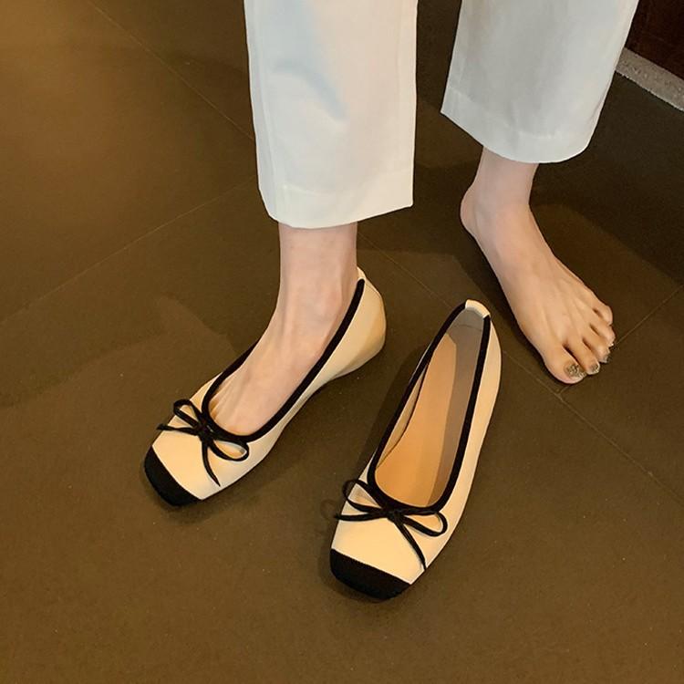 Cowhide version~ Silver leather inner height increase square head ballet French Mary Jane shoes bow single shoes women's flat bottom