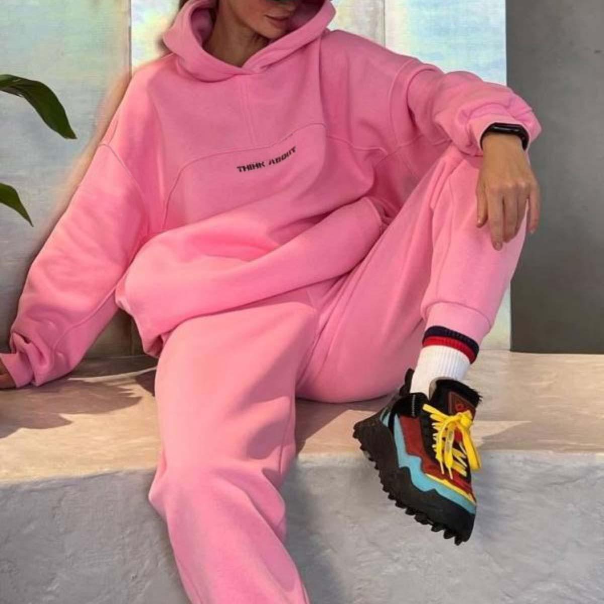 

Весенне-осенний женский модный свитер с капюшоном и принтом, спортивный и досуговый костюм XL розовый