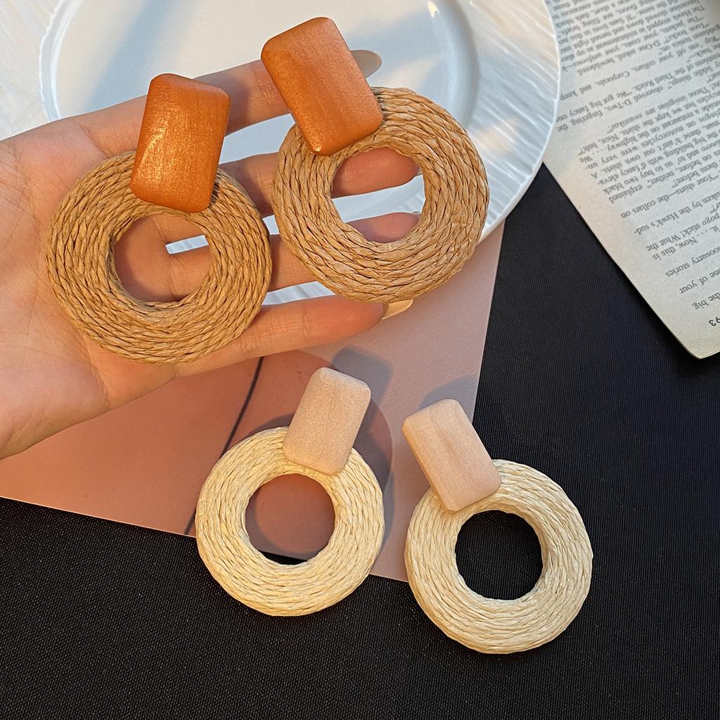 Seaside Travel Vacation Bohemian Wood Stud Earrings Handmade Rattan High-End Retro Personality Niche Earrings