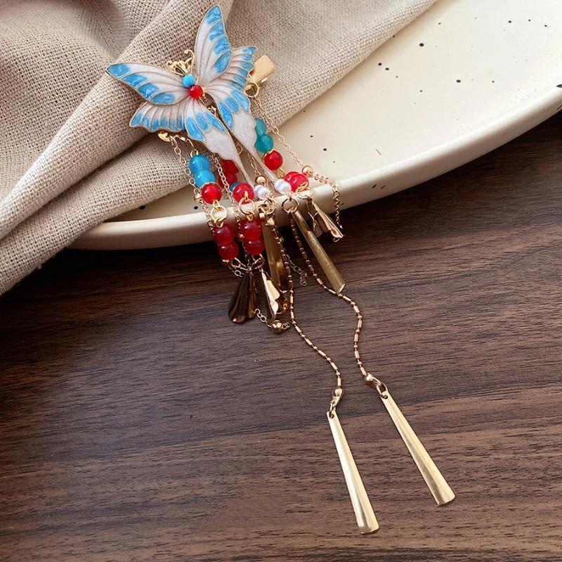 Chinese Style Enamel Butterfly Tassel Hairpin Women'S Hanfu Ancient Style Side Clip Hair Accessory