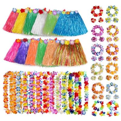 Hawaiian Luaus Hulas Grass Skirt with Large Flower Costume Set for Halloween Dances Party Decorations Hawaiian Costume