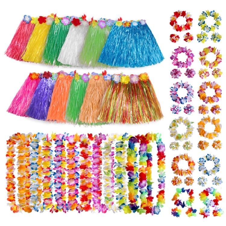 Hawaiian Luaus Hulas Grass Skirt with Large Flower Costume Set for Halloween Dances Party Decorations Hawaiian Costume