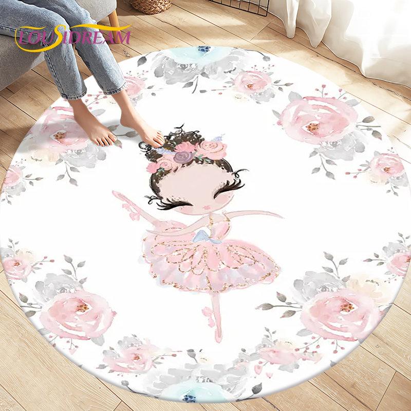 Cute Ballet Girl Ballerina Cartoon Round Area Rug,Carpet for Living Room Bedroom Sofa Playroom Decor,kid Play Non-slip Floor Mat