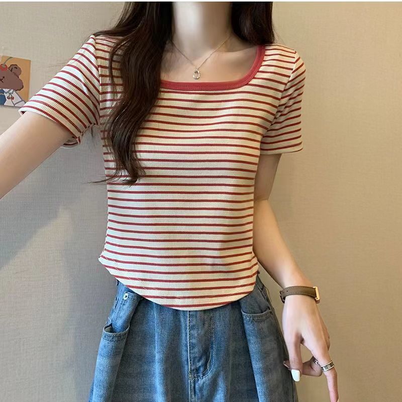 

Футболка с коротким рукавом, корейская повседневная модная рубашка с U-образным вырезом, топы, женская однотонная полосатая футболка 4XL