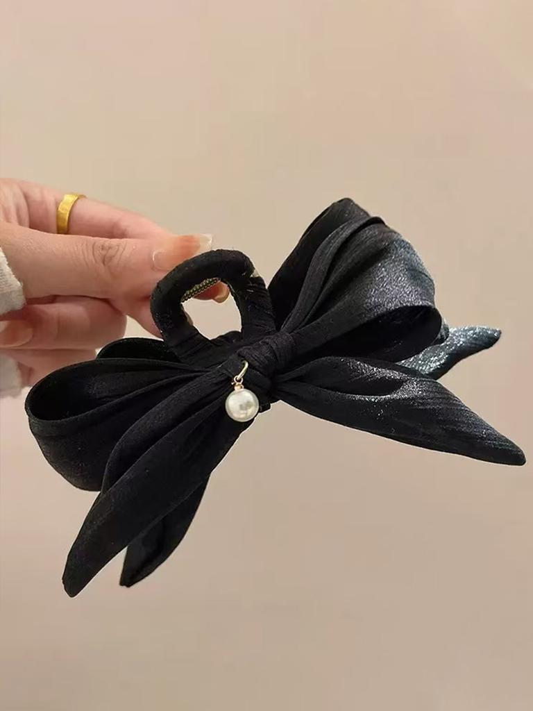 1pc elegant imitation pearl pleated bow large back of the head pan hair grip clip, suitable for daily leisure, travel and party