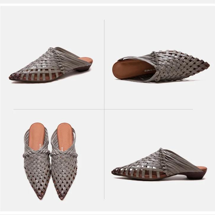 Johnature Ručně vyráběné tkaní Pantofle se špičatou špičkou na nízkém podpatku Prodyšná móda Dámská obuv z pravé kůže