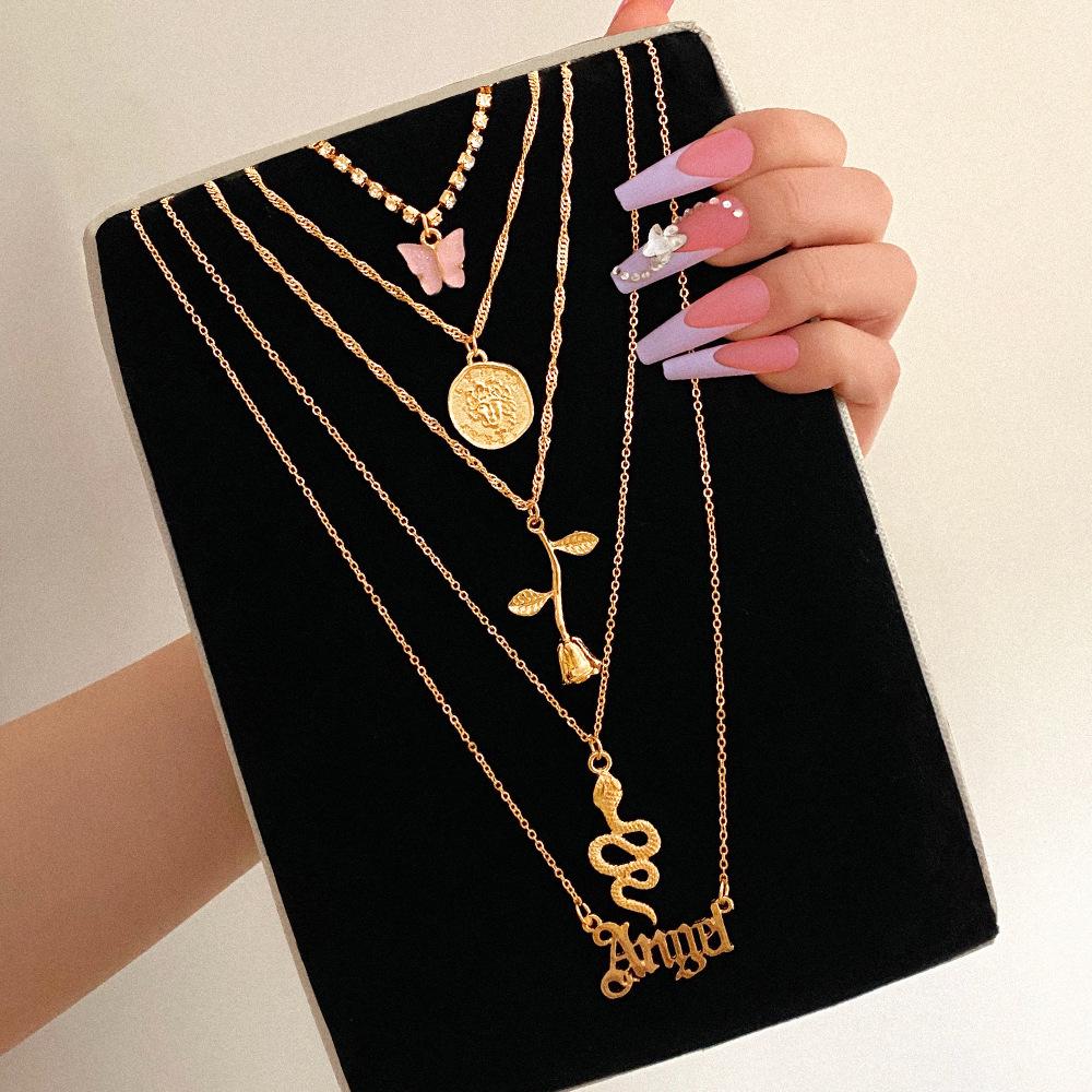 

Stacked Wind Butterfly Necklace Female Rose Letter European and American Neck Chain Creative Snake Necklace