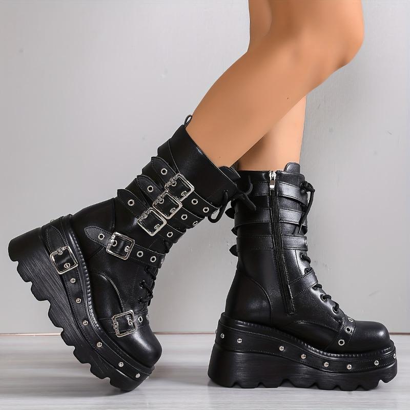 New Autumn-Winter Women'S Fashion Thick-Soled Mid-Calf Boots With Lining, Warm Dark Punk Style, Side Zipper, Wedge Heel