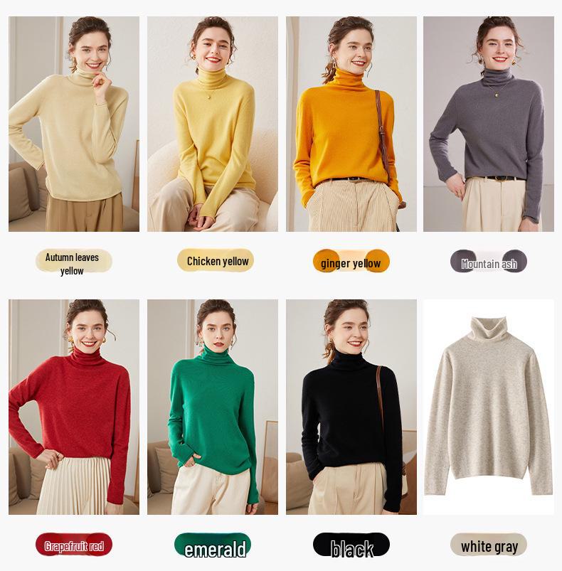 Women’s Cashmere Pile Collar Sweater - High Collar, Knitted, Loose Fit, Slim Inner Layer