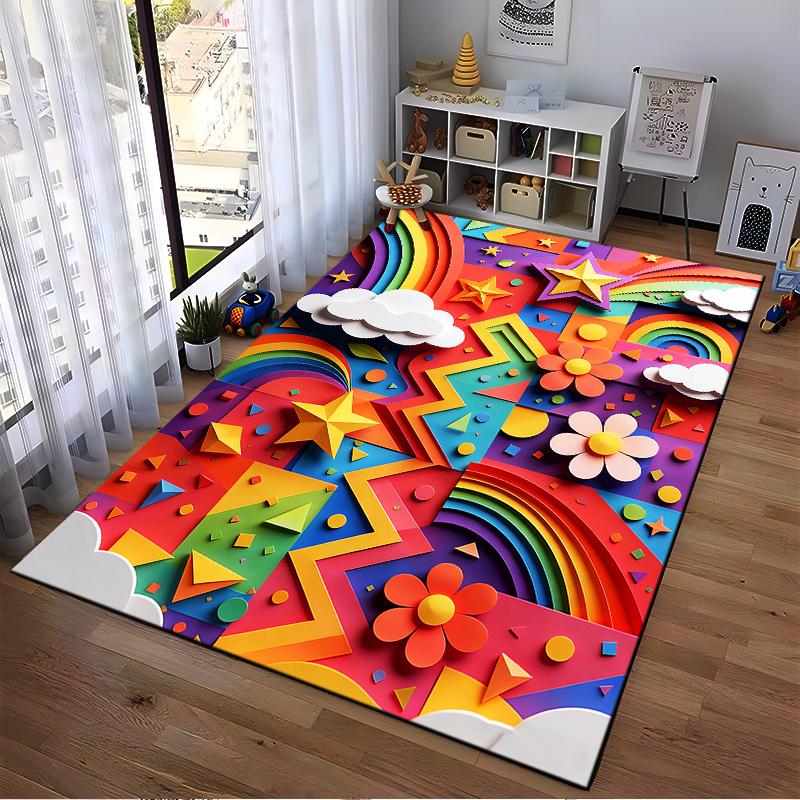 Colorful Cartoon Style Carpet with Rainbow, Stars, and Geometric Pattern Suitable for Use As an Anti-slip for Living Room Bedroom Sofas