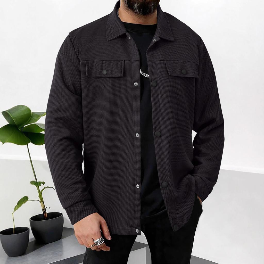New Casual Men's Autumn Waffle Solid Color Top Pocket Long Sleeve Jacket Jacket