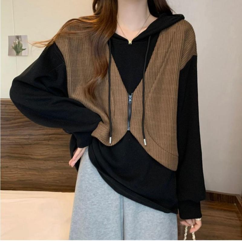 New Style Autumn and Winter Women's Contrasting Color Hooded Long Sleeve Fake Two Pieces Oversized Fashionable Casual Tops