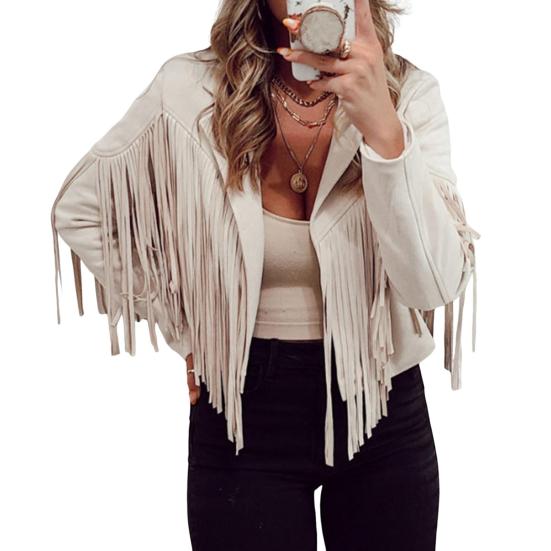 

Женская повседневная куртка с кисточками, длинными рукавами, лацканами, укороченное пальто из искусственной замши, байкерская верхняя одежда на весну и осень L абрикосовый