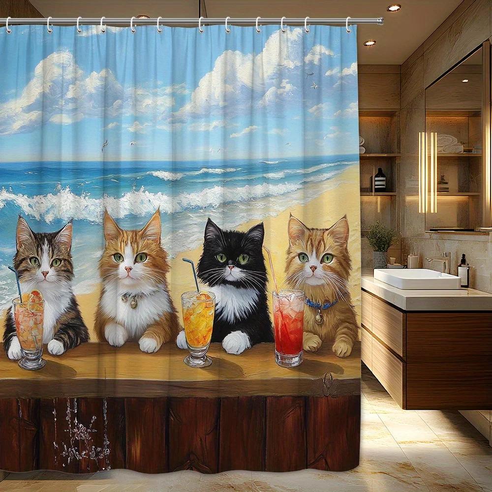 

1Pc Whimsical Kittens Beach Bar Shower Curtain - 4 Cats At Wooden Bar With Drinks, Calico Tortoiseshell Black Tabby & Blue Sky W60H190(CM)-1 Pcs