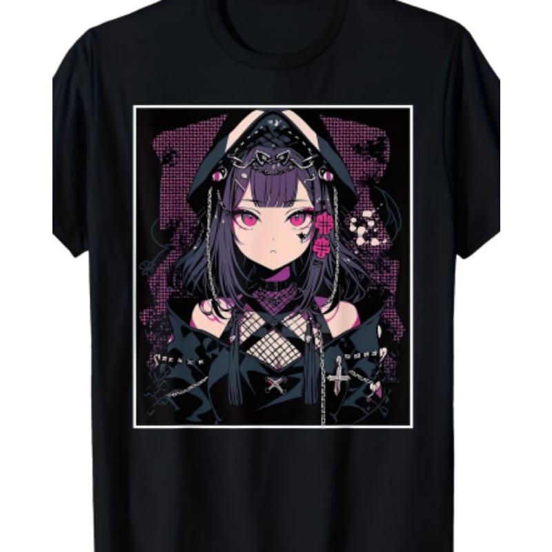 Men's Anime Print T-Shirt - Anime Character Print Crew Neck Short Sleeve Shirt, Machine Washable, Suitable for Anime Apparel and Party Outfits