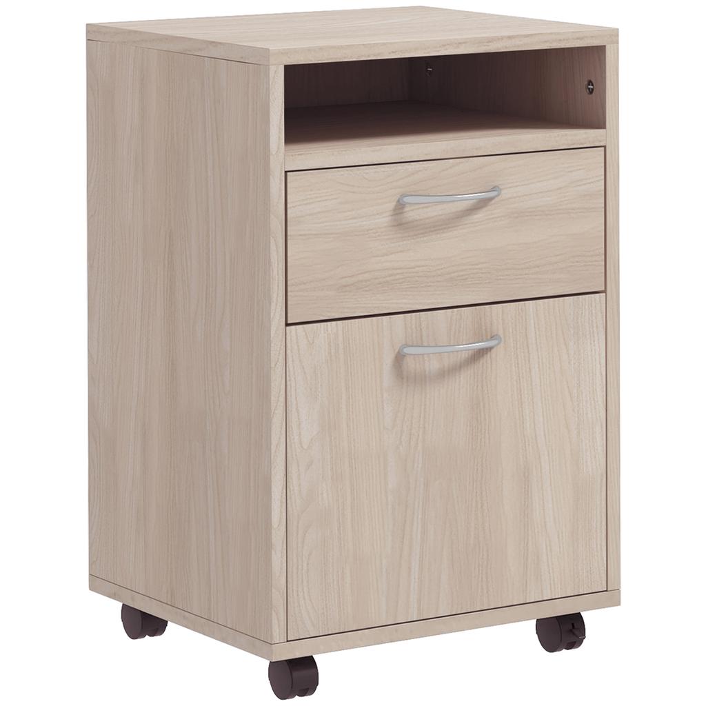 Office Pedestal Unit on Wheels with Drawer Cupboard and Niche for Documents and Suspended Files 40 x 35 x 60 cm Oak