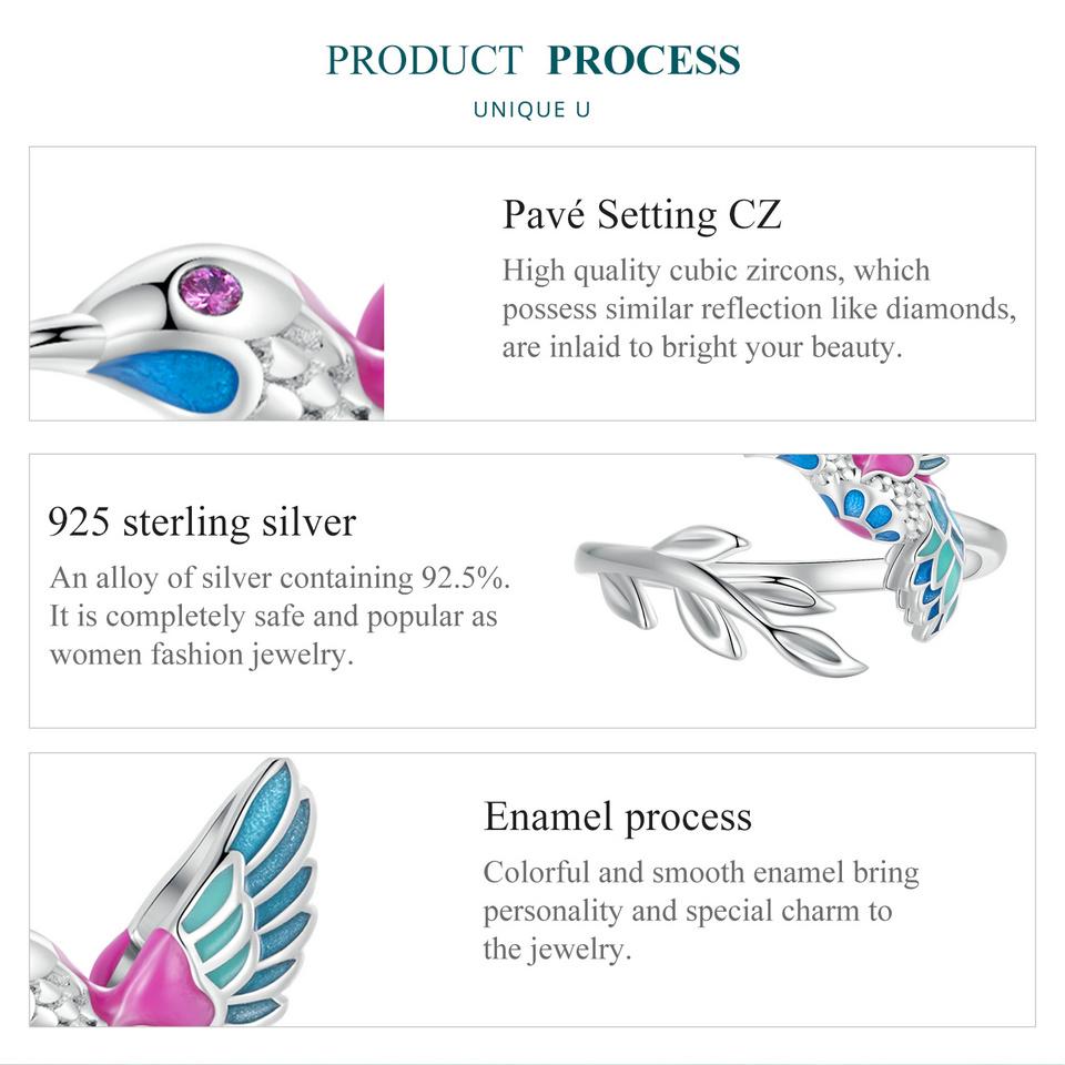 Inel de deschidere Kingfisher din argint Sterling 925 BAMOER Inel reglabil cu pasăre emailat colorat pentru femei, cadou de bijuterii fine de petrecere