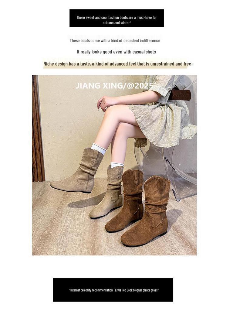 Women's Retro Suede Over-the-Knee Boots with Inner Height Boost, Round Toe, Slouch Design, Soft Sole – Autumn 2025 Edition