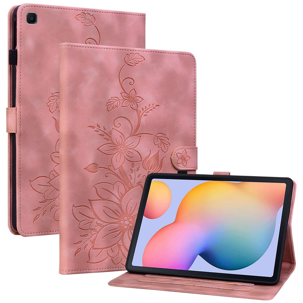 For Samsung Galaxy Tab S6 Lite (2020)/(2022)/(2024) Case Lily Flower Imprint Card Holder Leather Tablet Cover
