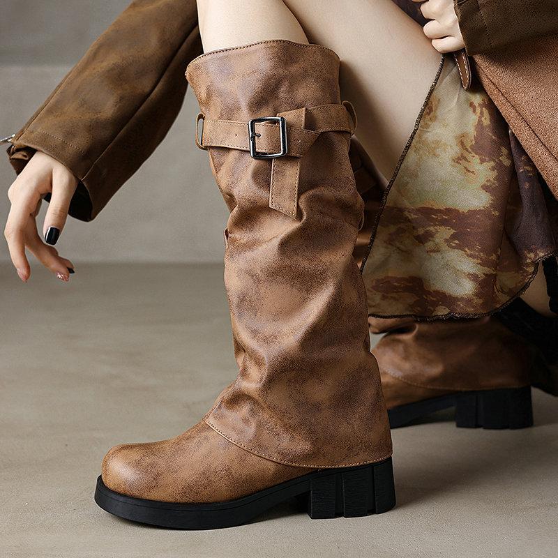 Модные женские сапоги до колена с круглым носком и толстым каблуком — фото 6