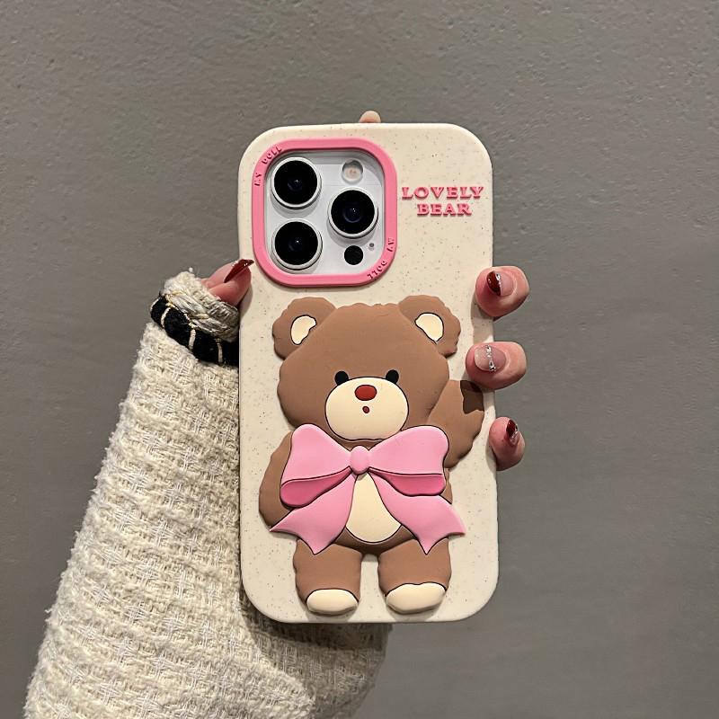 Lovely Pink Bowknot Bear Soft Silicone Case For iPhone 13 14 15 16 Pro Max Cartoon Cute Shockproof Protective Phone Cover