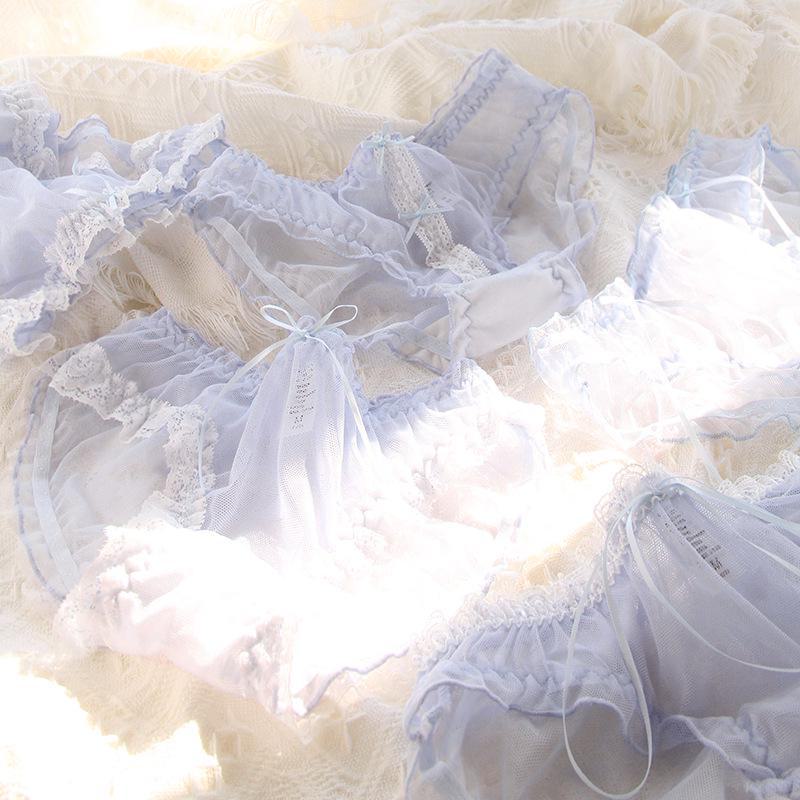 Blue Lace Bow Waist Mesh Briefs for Women - 620 Series