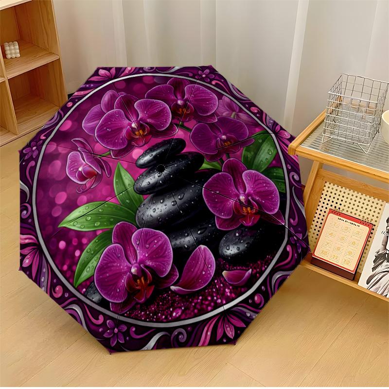 

Purple Orchid Stone Umbrella (1) Theme Automatic Umbrella Compact 8-Rib Design Sturdy Construction Durable Umbrella Stylish Accessory
